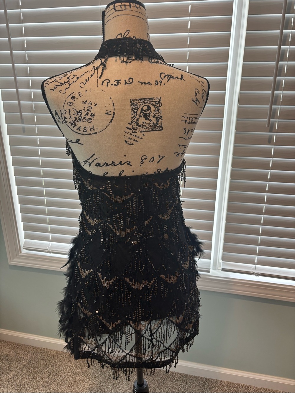 SHEIN Black Beaded Feathered Backless Halter Dress